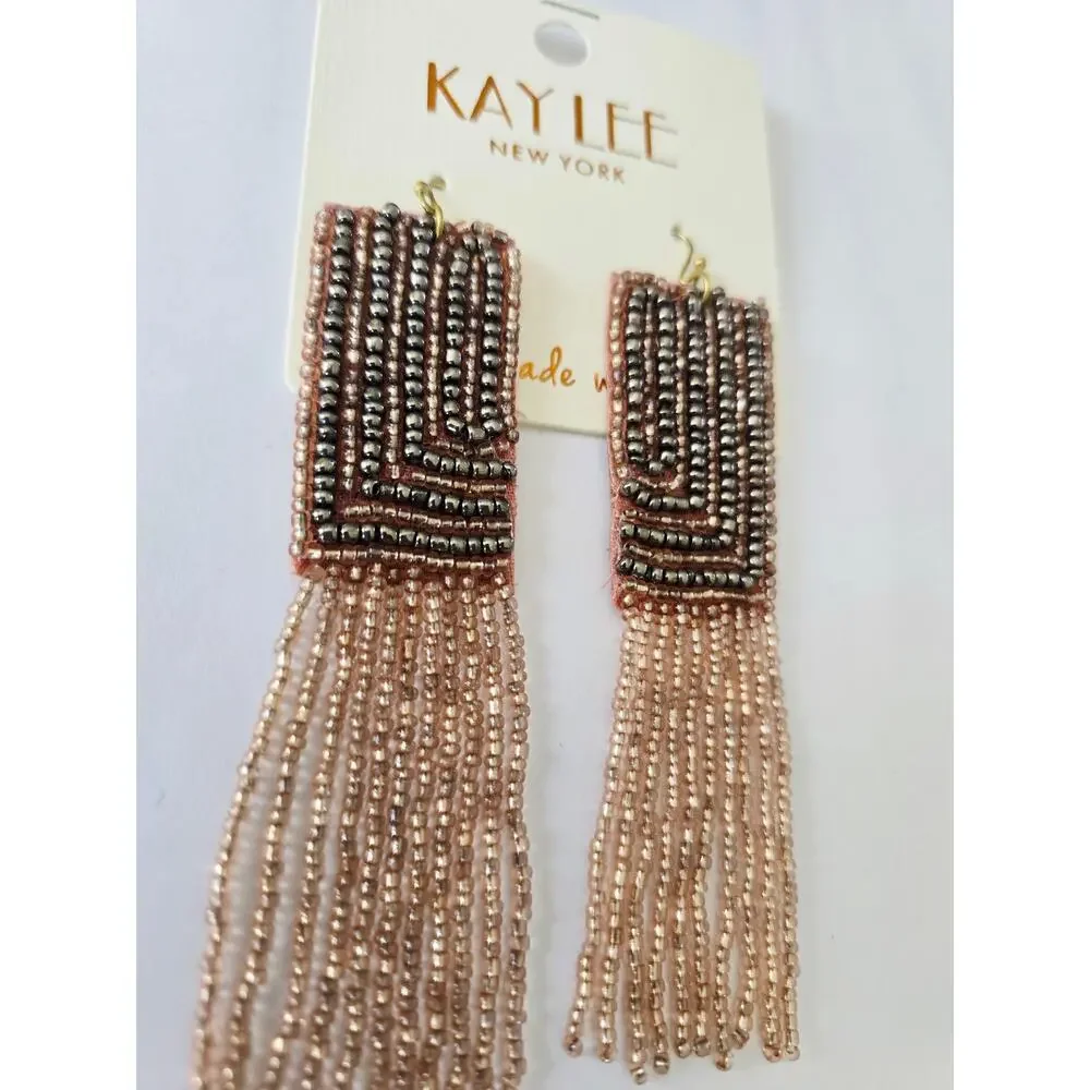 Kay Lee Natural Tone Beaded Fringe Earrings New - Picture 3 of 3